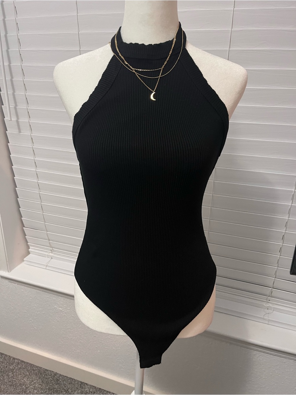 Fashion Nova Black Ribbed High-Neck Bodysuit
